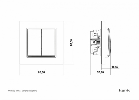 Mechanizm łącznika jednobiegunowego ze schodowym (dwa klawisze bez piktogramów, wspólne zasilanie) Mechanizm łącznika jednobiegunowego ze schodowym (dwa klawisze bez piktogramów, wspólne zasilanie)
