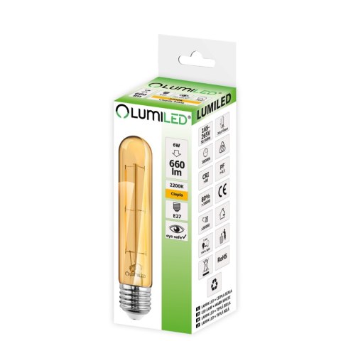 Żarówka LED E27 T30 6W = 50W 660lm 2200K Ciepła 360° Filament LUMILED Żarówka LED E27 T30 6W = 50W 660lm 2200K Ciepła 360° Filament LUMILED