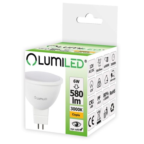 Żarówka LED 12V DC/AC MR16 6W = 60W 580lm 3000K Ciepła 120° LUMILED Żarówka LED 12V DC/AC MR16 6W = 60W 580lm 3000K Ciepła 120° LUMILED