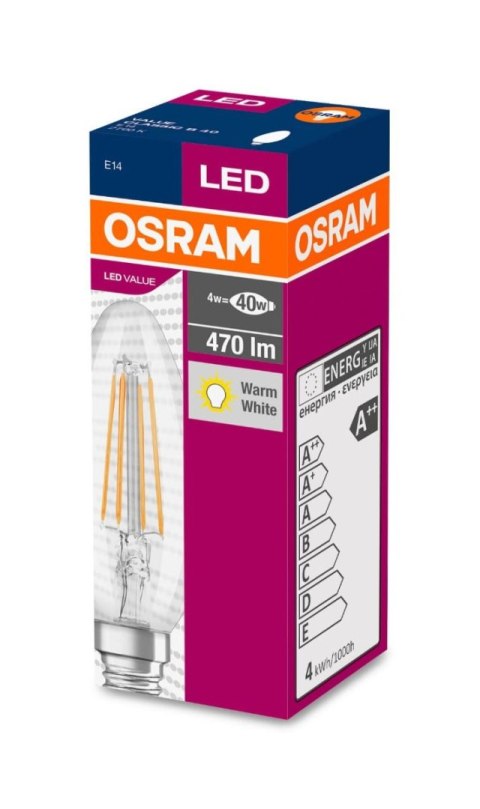 Żarówka LED E14 B35 4W = 40W 470lm 2700K Ciepła 300° Filament OSRAM Value Żarówka LED E14 B35 4W = 40W 470lm 2700K Ciepła 300° Filament OSRAM Value
