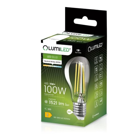 Żarówka LED E27 A60 11W = 100W 1521lm 4000K Neutralna 360° Filament LUMILED Żarówka LED E27 A60 11W = 100W 1521lm 4000K Neutralna 360° Filament LUMILED