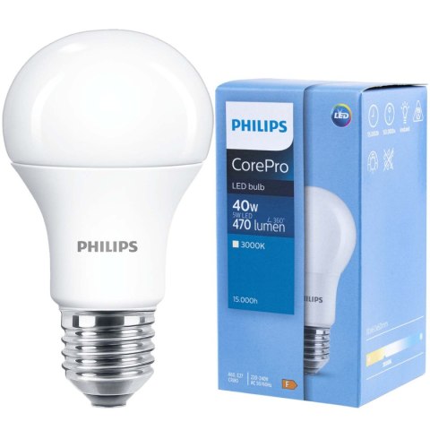 Żarówka LED E27 A60 4,9W = 40W 470lm 3000K Ciepła 200° PHILIPS Żarówka LED E27 A60 4,9W = 40W 470lm 3000K Ciepła 200° PHILIPS