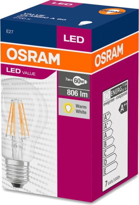 Żarówka LED E27 A60 7W = 60W 806lm 2700K Ciepła 320° Filament OSRAM Żarówka LED E27 A60 7W = 60W 806lm 2700K Ciepła 320° Filament OSRAM