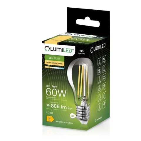 Żarówka LED E27 A60 7W = 60W 806lm 3000K Ciepła 360° Filament LUMILED Żarówka LED E27 A60 7W = 60W 806lm 3000K Ciepła 360° Filament LUMILED