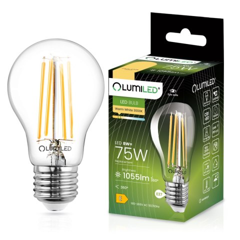 Żarówka LED E27 A60 8W = 75W 1055lm 3000K Ciepła 360° Filament LUMILED