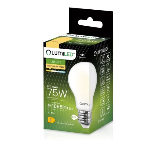Żarówka LED E27 A60 8W = 75W 1055lm 3000K Ciepła 360° Filament Mleczna LUMILED Żarówka LED E27 A60 8W = 75W 1055lm 3000K Ciepła 360° Filament Mleczna LUMILED