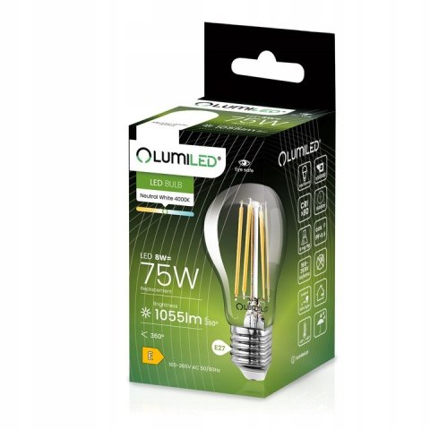 Żarówka LED E27 A60 8W = 75W 1055lm 4000K Ciepła 360° Filament LUMILED Żarówka LED E27 A60 8W = 75W 1055lm 4000K Ciepła 360° Filament LUMILED