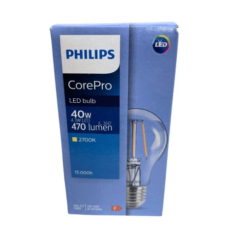 Żarówka LED E27 A60 4,3W = 40W 470lm 2700K Ciepła Filament PHILIPS CorePro Żarówka LED E27 A60 4,3W = 40W 470lm 2700K Ciepła Filament PHILIPS CorePro