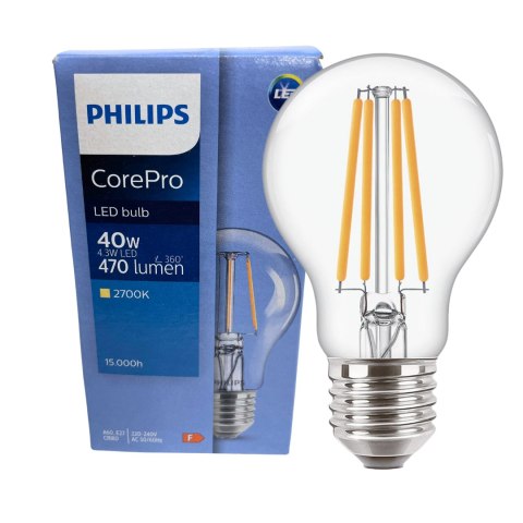 Żarówka LED E27 A60 4,3W = 40W 470lm 2700K Ciepła Filament PHILIPS CorePro Żarówka LED E27 A60 4,3W = 40W 470lm 2700K Ciepła Filament PHILIPS CorePro