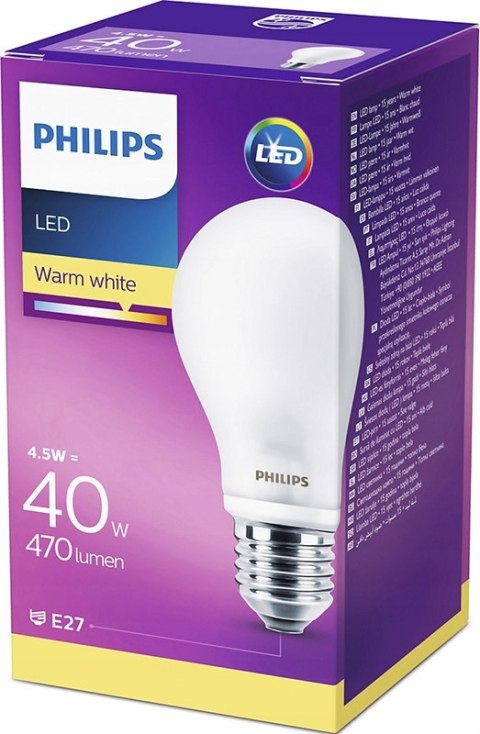 Żarówka LED E27 A60 4,5W = 40W 470lm 2700K Ciepła 300° PHILIPS Żarówka LED E27 A60 4,5W = 40W 470lm 2700K Ciepła 300° PHILIPS