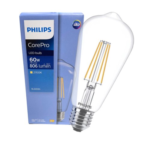 Żarówka LED E27 ST64 7W = 60W 806lm 2700K ciepła FILAMENT PHILIPS Gruszka Ozdobna