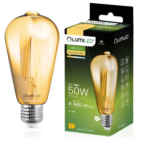 Żarówka LED E27 ST64 6W = 50W 660lm 2000K Ciepła 360° Filament