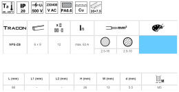 Izolowana szyna (N/PE), zamknięta, niebieska 63A, 6×9mm, 12P, IP20