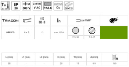 Izolowana szyna (N/PE), zamknięta, zielona 63A, 6×9mm, 12P, IP20