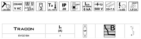 Wyłącznik nadprądowy B 4A 1P TRACON Wyłącznik nadprądowy B 4A 1P TRACON