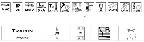 Wyłącznik nadprądowy B 6A 2P TRACON Wyłącznik nadprądowy B 6A 2P TRACON