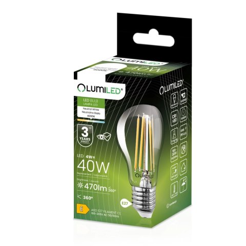 Żarówka LED E27 A60 4W = 40W 470lm 4000K Neutralna 360° Filament Żarówka LED E27 A60 4W = 40W 470lm 4000K Neutralna 360° Filament