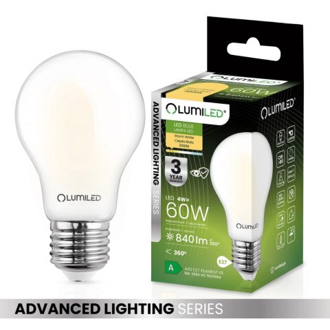 Żarówka LED E27 A60 4W = 60W 840lm 3000K Ciepła 360° Szklana Filament ALS Żarówka LED E27 A60 4W = 60W 840lm 3000K Ciepła 360° Szklana Filament ALS