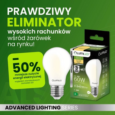 Żarówka LED E27 A60 4W = 60W 840lm 3000K Ciepła 360° Szklana Filament ALS Żarówka LED E27 A60 4W = 60W 840lm 3000K Ciepła 360° Szklana Filament ALS