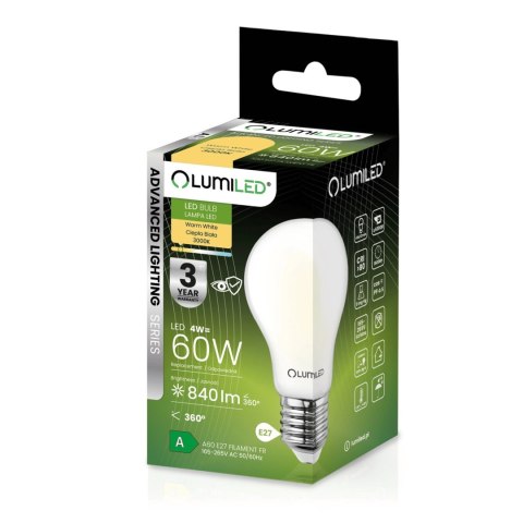 Żarówka LED E27 A60 4W = 60W 840lm 3000K Ciepła 360° Szklana Filament ALS Żarówka LED E27 A60 4W = 60W 840lm 3000K Ciepła 360° Szklana Filament ALS