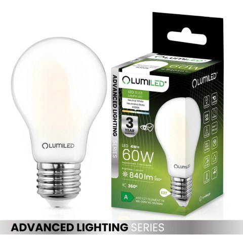 Żarówka LED E27 A60 4W = 60W 840lm 4000K Neutralna Szklana Filament ALS Żarówka LED E27 A60 4W = 60W 840lm 4000K Neutralna Szklana Filament ALS