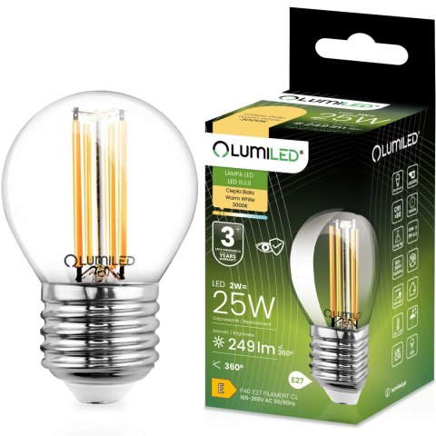 Żarówka LED E27 P40 Filament 2W = 25W 249lm 3000K Ciepła 360° Kulka Żarówka LED E27 P40 Filament 2W = 25W 249lm 3000K Ciepła 360° Kulka
