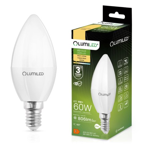 Żarówka LED Świeczka B35 E14 8W = 60W 806lm 3000K Ciepła 180°