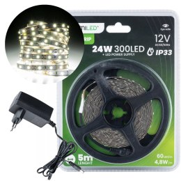 Taśma LED Pasek 12V 24W 300LED SMD 2835 Zimna 8mm 5m + Zasilacz Zestaw