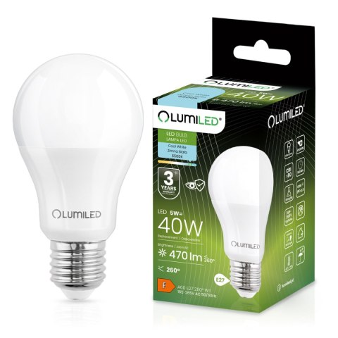 Żarówka LED E27 A60 5W = 40W 470lm 6500K Zimna 260° LUMILED Żarówka LED E27 A60 5W = 40W 470lm 6500K Zimna 260° LUMILED