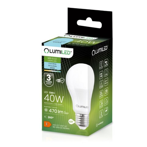 Żarówka LED E27 A60 5W = 40W 470lm 6500K Zimna 260° LUMILED Żarówka LED E27 A60 5W = 40W 470lm 6500K Zimna 260° LUMILED