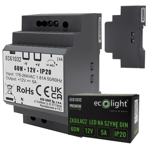 Zasilacz na Szynę DIN 12V DC 60W Premium IP20 220-240V AC