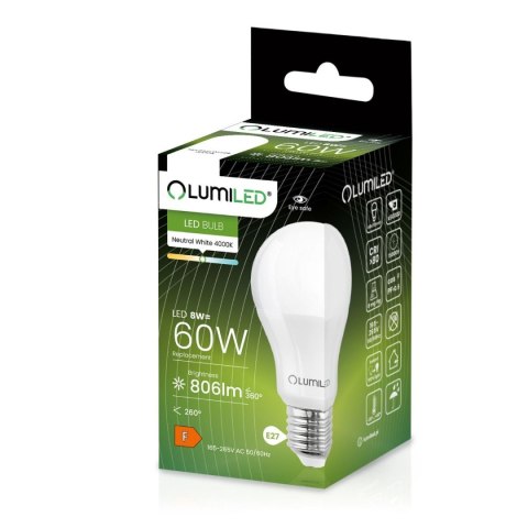 Żarówka LED E27 A60 8W = 60W 806lm 4000K Neutralna 260° Żarówka LED E27 A60 8W = 60W 806lm 4000K Neutralna 260°