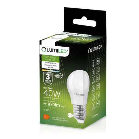 Żarówka LED E27 Kulka P45 5W = 40W 470lm 4000K Neutralna 180° Żarówka LED E27 Kulka P45 5W = 40W 470lm 4000K Neutralna 180°