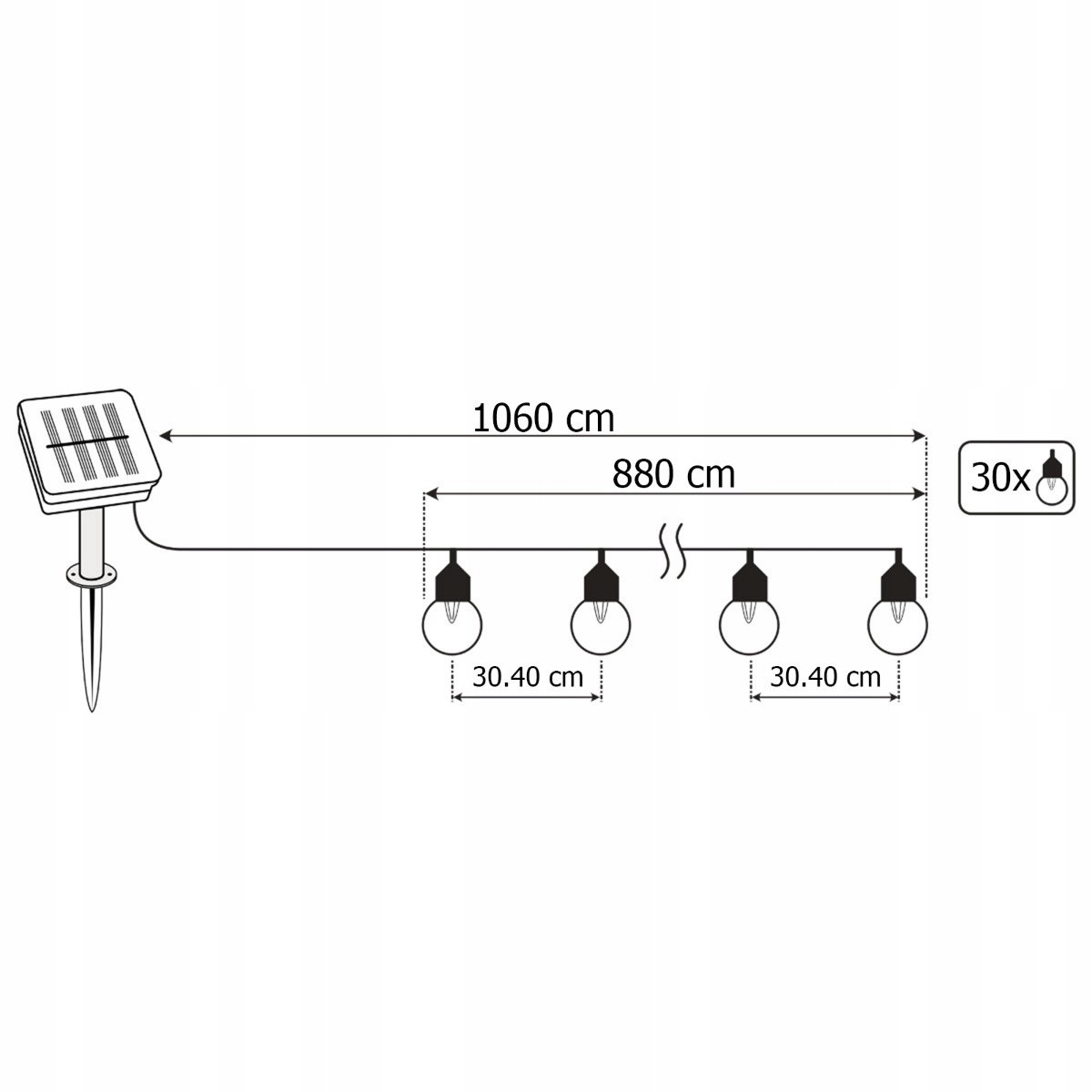 Girlanda Solarna Ogrodowa 30x LED Ozdobne Kuleczki 10,6m Ciepła 3000K Długość 1060 cm